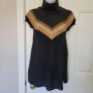 Free People Knit Black Boho Print Turtleneck Sweater Cap Sleeves Size S